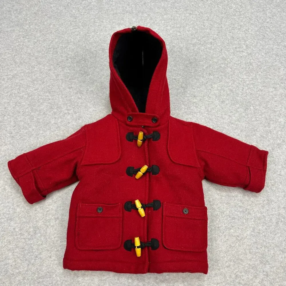 OshKosh Wool Duffle Coat Red Hooded Toggle Infant 6-9mths VTG Style Preppy